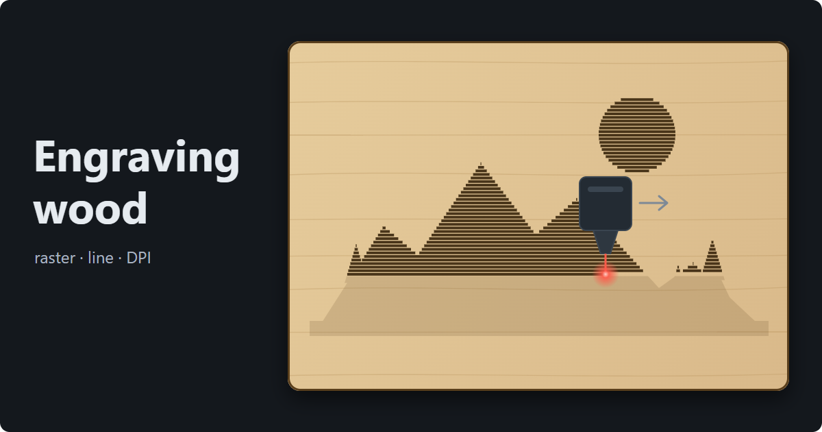 A plywood board mid-engraving: mountains and a sun burned in lines