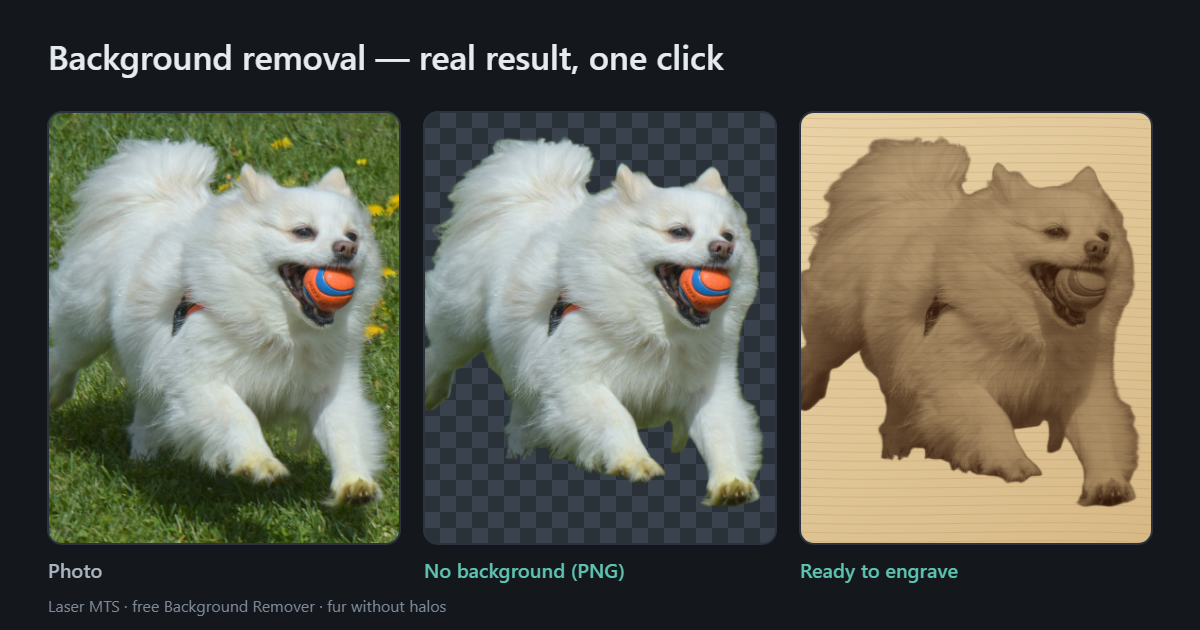 The same photo of a white dog with a ball in three versions: on grass, without background on a transparent checkerboard, and as an engraving on light plywood